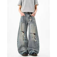 Distressed Ripped Bamboo-pattern Curved Knife High-street Loose Wide-leg Pants For Men And Women