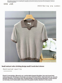 Men's Ice Silk Knitted Trendy Niche Contrast Color Lapels Short Sleeve