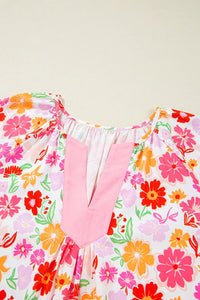White Floral Split V Neck Wide Short Sleeve Plus Size Blouse Top