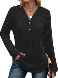 Solid Color And V-neck Button Loose Hooded Fleece Knitted Top