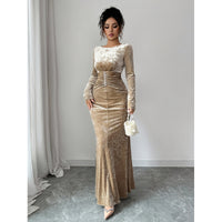 Retro Elegant Pearl-Embellished Waist-Cinching Sheath Velvet Maxi Dress