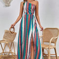 Womens Striped Printed One-Shoulder Slit Thigh-Length Dress