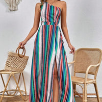 Womens Striped Printed One-Shoulder Slit Thigh-Length Dress