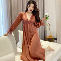 Women's Spring Autumn Lace V-Tie Satin Nightdress