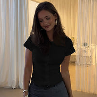 Crew-neck Short-sleeve Cardigan-buttoned Slim-fit T-shirt