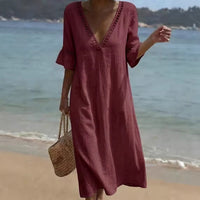 Loose-fitting Solid-color Cotton-Linen Lace V-neck Dress