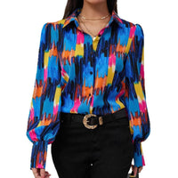 Womens Fashion Printed Lantern Sleeve Colorblock Loose Top