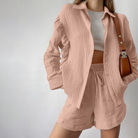 Womens Pure Cotton Pajama Set For FallWinter Long Sleeve Top And Shorts Two Piece Loungewear Set