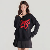 Women's Contrast Bow Round Neck Knitted Thick Long Sleeve Sweater