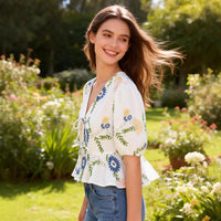 Floral V-neck Drawstring Ruffled Hem Top