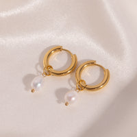 Stylish 18K Gold Stainless Steel Pearl Pendant Earrings