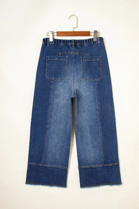 Prussian Blue Drawstring Seam Detail Raw Hem Wide Leg Denim Pants