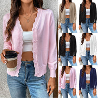 V-neck Long-sleeved Knitted Cardigan Pure Color Ice Silk Coat For Women