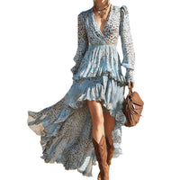Womens Printed V-Neck Long-Sleeve Lace Maxi Dress