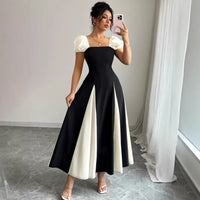 French-style Sophisticated Gown Black-and-white Contrast Patchwork Off-shoulder Dress