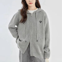 Loose Sports And Leisure Gray Hooded Knit Cardigan Coat For Women