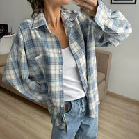 Women's Classic Lapel Long Sleeve Plaid Casual Loose Shirt