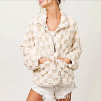 Small Plaid Zippered Fuzzy Coat Womens Jacket Lamb Fur Coats