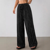 Women's Casual Striped Drawstring Elastic Waist Contrasting Color Wide Leg Pants