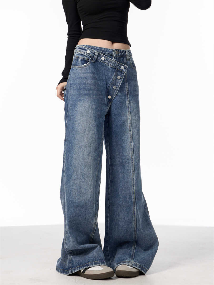 Irregular Breasted Washed Straight Jeans Blue Loose Wide Leg Pants