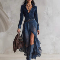 New FallWinter Fashion Casual Polo-Neck Patchwork Long-Sleeve Dress