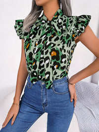 Women's Casual Leopard Print Ruffle Trim Tie Chiffon Blouse Top