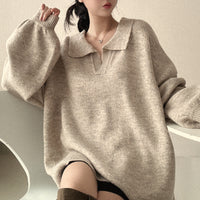 Idle Style Loose Mid-length Pullover Sweater Velvet Polo Collar Sweater