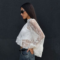 White Lace Jacquard Sheer High-neck Workwear Relaxed-style Long-sleeve Shirt