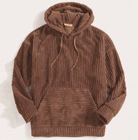 Men's Sweater Thick Corduroy Long Sleeve Solid Color Kangaroo Pocket Hanging Shoulder Hoodie
