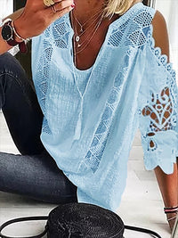 Women's U-Neck Embroidered Cotton Hollow-Out Tassel Top T-Shirt