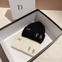 Winter RB Letter Fashion Rabbit Fur Knitted Warm Hat Female
