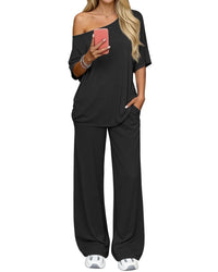 Off-shoulder Loose Casual Short-sleeve Top And Wide-leg Pants Two-piece Set