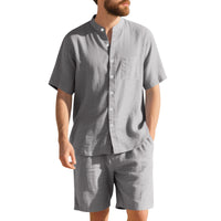 American Linen Suit Men's Summer Two-piece Suit Henry Collar Beach