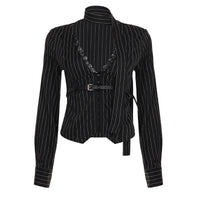 V-neck Sexy Sassy Lace-panel Striped Blouse