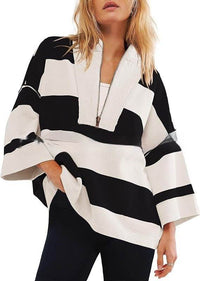 Women's Oversized Striped Shirt Half Zip Sweatshirt Color Matching