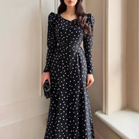 Womens Polka-Dot Fashionable Slimming Long-Sleeve Dress