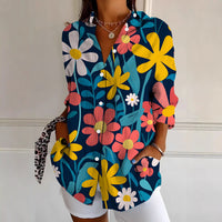 Womens Retro, Elegant Floral Print Long-Sleeve Shirt