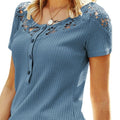 New Womens Solid-Color Lace-trimmed Short-sleeve V-neck Casual T-shirt Top
