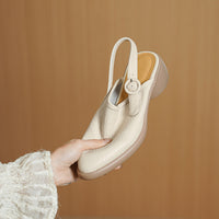 Women's Closed Toe Platform Genuine Leather Sandals, Round Toe, Chunky Heel, Single Buckle Strap, Open Back Roman Style, First-Layer Lambskin Shoes