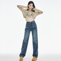 Women's Straight Jeans Dark Blue Embroidered Letters