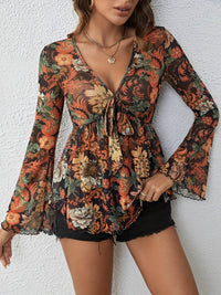 New Mesh Printed Front Knotted Flare Sleeve T-shirt Long-sleeved Top For Women