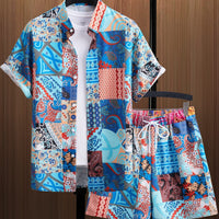 Casual Lapel-Button Hawaiian Shirt And Shorts Set For Men