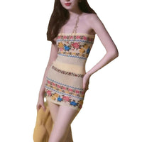 Contrast-color Rose Fair Isle Knit Cardigan Figure-hugging Floral Tube Dress