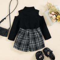 Children's Off-the-shoulder Top Tweed Plaid Classic Style Shorts Girls' Suit