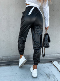 Temperament Mid-length Casual Leather Pants Pocket Women