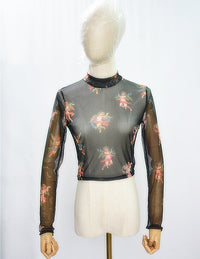 Women's Mesh Hollow-Out Butterfly Print Long-Sleeve Base Shirt