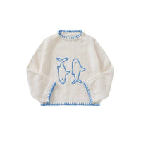 Color-block Crew-neck Retro Embroidered Loose-fitting Pullover Sweater