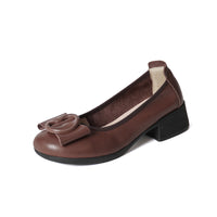 Low-cut Authentic Leather Women's Mid Heel Slip-on Round Head Pumps