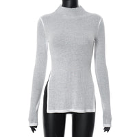 Turtleneck Long Sleeve Split Rib Knitted T-shirt