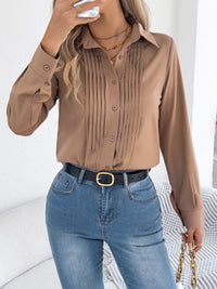 Women's Elegant Crinkled Solid Color Button Long Sleeve Office Shirt